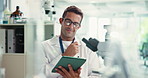 Smile, man and scientist on tablet in lab for research, medical results and record investigation. Person, digital and ideas with experiment notes, review checklist and healthcare information on virus