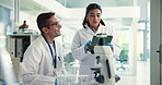 Teamwork, scientist and people with tablet, lab and medical research for cure of disease or online. Clinic, colleagues and collaboration with tech for healthcare, info or reverse process of Alzheimer