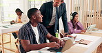 Business, design and management talking to employee in office for development, feedback or training. Computer, creative and orientation with people at work for coaching or performance review