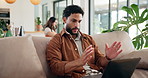 Man, thinking and remote work with laptop on sofa with review, problem solving or project in home. Person, computer and contact with advice, solution and decision on couch in living room at apartment