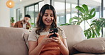 Smile, woman and relax with phone at house to browse social media, communication and reading blog. Happy, female person and mobile for chatting, message to contact and typing feedback of notification