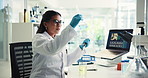 Chemical, woman and scientist with glass beaker in laboratory for solvent experiment, research or test. Discovery, professional and female biologist with liquid for chemistry innovation with formula.