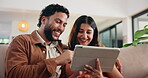 Smile, search and tablet with couple on sofa for social media post, bonding and online update. Happiness, newsletter subscription and connection with man and woman in living room at home for scroll