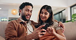 Couple, phone and happy on sofa, scroll and talking with search for holiday resort, booking and location. People, man and woman with smartphone, mobile and planning vacation in lounge at apartment
