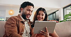 Smile, talking and tablet with couple on sofa for social media post, bonding and online update. Happiness, newsletter subscription and connection with man and woman in living room at home for scroll