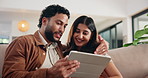 Couple, tablet and happy on sofa, talk and scroll on web with search for holiday resort, booking and location. People, man and woman with touchscreen, application and planning vacation at apartment