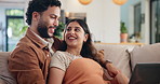 Happy couple, relax and laptop in home for discussion, online shopping and purchase furniture together. Man, woman and computer on sofa on internet for financial decision, banking or credit score