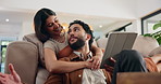 Happy couple hug, talking and tablet in home for relax, online shopping or purchase furniture together. Man, woman or technology on sofa on internet for financial decision, decor or interior design