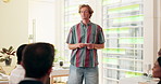 Cards, university and student with speech in classroom for literature thesis with group and professor. Education, study and male person with oral presentation for university public speaking skills.