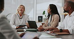 Business people, meeting and conversation with planning, laptop and cooperation with advice. Employees, seminar or workshop for skills, financial firm and documents with smile, discussion or feedback