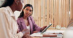 Collaboration, design and teamwork with business women in office for conversation or feedback. Artistic, assistance and creative with employee speaking to colleague in workplace for ideas or planning