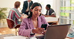 Phone, laptop and sad business woman check email, copywriting mistake and stress in creative office. Mobile, startup and worker scroll online for fail, reading update and disappointed with results