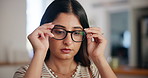 Glasses, vision and woman in home for reading, thinking or problem solving for planning with lens. Spectacles, female person and wear frame for eye care, optometry or reflection with insight for idea