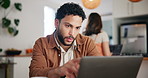Home, businessman and reading with laptop for research, news story and facts with writer for remote work. Freelancer, male journalist and review with digital for blog, article tips and website check