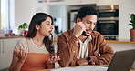 Couple, laptop and stress with fight for bills, finance and debt crisis with tax in home kitchen. Document, man and woman with argument for budget, bankruptcy or conflict for payment fail or expenses