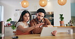 Home, couple and discussion with tablet for interior design, support and online ideas for decoration. House owner, woman and man with digital for DIY renovation, conversation  and furniture website
