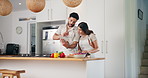 Cooking, tablet and couple with food in home for online recipes for dinner, lunch and meal prep. Kitchen, vegetables and man with woman on digital tech for healthy eating, nutrition and wellness