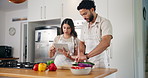 Cooking, tablet and couple with vegetables in kitchen for online recipes for dinner, lunch and meal prep. Home, food and man with woman on digital tech for healthy eating, nutrition and wellness