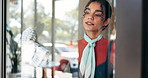 Happy, woman and cleaning window of shop for hygiene, dirt removal and disinfection. Hospitality policy, cafe manager or wiping glass for dust, germs and store maintenance with sanitation and routine