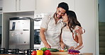 Cooking, tablet and happy couple with food in kitchen for online recipes for dinner, lunch and meal prep. Home, vegetables and man hug woman on digital tech for healthy eating, nutrition and wellness