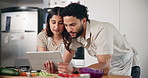 Cooking, tablet and couple in kitchen talking for online recipes for dinner, lunch and meal prep. Food, vegetables and man with woman on digital tech for healthy eating, nutrition or wellness in home