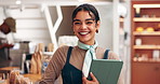 Happy woman, face and waitress with tablet at cafe for customer service, assistance or welcome at store. Portrait, female person or bistro with smile or technology for small business at coffee shop