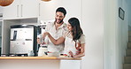 Fruit, breakfast and couple in kitchen with blender for healthy eating, nutrition and drink. Home, morning and happy man and woman with berries for smoothie for wellness, organic diet and vitamins