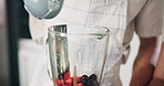 Hands, person and prepare smoothie drink, breakfast milkshake and nutrition with healthy diet. People, milk and blender with organic ingredients for protein juice, weight loss and gut health at house