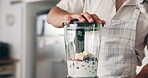 Hands, man and prepare blender for smoothie, milkshake process and nutrition for healthy diet. Person, machine and fruit with organic ingredients of protein juice, weight loss and gut health at house