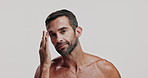 Beauty, dermatology and face of shirtless man in studio for antiaging cosmetics, treatment or wellness. Aesthetic, facial and skincare with person on white background for morning moisturizing routine