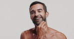 Skincare, pride and face of man in studio for natural, health and facial routine for glow. Portrait, confident and male person from Brazil with hydration dermatology treatment by white background.
