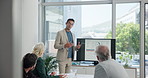 Man, presentation and screen with graphs in boardroom for discussion, accounting or financial planning. Person, leader or speaker with group, charts and stats for profit, revenue and review at office
