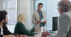 Man, presentation and screen with graphs, documents or feedback for accounting at finance company. Person, leader or speaker for group, charts and stats for profit, revenue or paperwork in boardroom