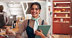 Happy woman, face and waitress with tablet for small business startup or customer service at coffee shop. Portrait, female person or bistro with smile or technology for assistance or orders at cafe
