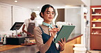 Business owner, woman and writing on tablet in coffee shop for inventory management, menu planning or client review. Hospitality, startup and digital app in cafe for stock checklist and online order