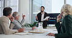 Businessman, documents and meeting with screen for boardroom discussion or presentation at office. Man, employee or speaker talking to executive directors for project proposal, pitch or app idea