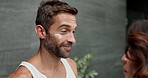 Morning, cream and couple with smile, skincare and dermatology with grooming. Happy, home and man with woman, lotion and creme with cosmetics, treatment and smooth skin with relationship or talking