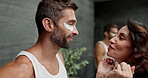 Morning, eye mask and couple with routine, skincare and dermatology with grooming. People, house and man with woman, wellness and cosmetics product with smooth skin, relationship and beauty treatment