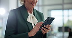 Woman, hands or typing with phone for business communication, chatting or texting at office. Closeup, female person or employee with smile on mobile smartphone for social media app or online browsing