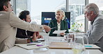 Business people, portfolio and meeting for planning, logistics paperwork and collaboration. Investor, executive director and mature financial manager giving budget report for teamwork or global trade