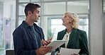 Financial, talking or business people with tablet in lobby for budget project, teamwork or capital growth. Investor, policy update or advisor with executive director, auditor or documents in office