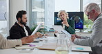 Office, business people and discussion with portfolio for meeting, briefing and expansion for global trade. Boardroom, employees and logistics manager with feedback for sales project, report and team