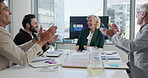 Success, applause and global trade with business people in meeting for supply chain, agreement and seminar. Planning, workshop and logistics approval with employees in office for proposal deal
