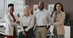 Office, teamwork and face of business people with crossed arms for about us, confidence and company pride. Professional, corporate and portrait of men and women for collaboration, support and growth