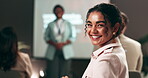 Face, training and woman in seminar, audience and speech for interns in business meeting or corporate. Conference, colleagues and listening to workshop with team, happiness or presentation for people
