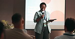 Seminar, speaker and business woman with presentation on leadership development in office. Microphone, public speaking and female hr director with pitch at corporate conference, event or workshop.