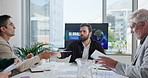 Business people, portfolio and meeting for planning, project paperwork and collaboration. Investor, executive director and mature financial manager giving budget report for teamwork or global trade