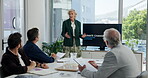 Presentation, climate change and speaker with business people in office environment, report and seminar. Sustainability impact, workshop and conservation plan with employees and computer screen