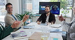 Workshop, applause and global trade with business people in meeting for supply chain, success and seminar. Planning, agreement and logistics approval with employees in office for proposal deal