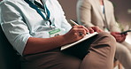 Businessman, hands and writing with book in meeting for schedule planning, agenda or tasks at group seminar. Closeup, man or employee taking notes with notebook or diary for project brainstorming